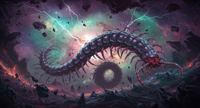 Colossal armored arthropod traverses a turbulent, electrically charged cosmic environment