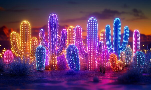 Neon cactus design for a Mexican-themed celebration, illuminated with colorful lights. A bold, modern take on traditional dcor for special events like Day of the Dead or Cinco de Mayo, Generative AI