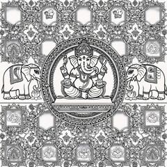 Elaborate coloring page featuring Ganesha seated amidst elephants, ornate frames, and symmetrical mandalas — symbolizing wisdom, luck, and harmony.