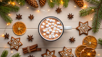 Fototapeta premium Cozy christmas flat lay featuring a mug of hot chocolate with marshmallows surrounded by festive decorations and treats