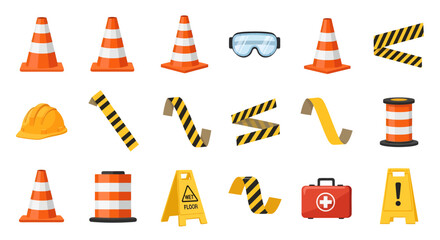 Vector Icon Set of Safety Equipment and Tools for Construction Site on White Background