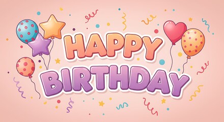 Vibrant and joyful Happy Birthday celebration banner with colorful balloons, festive confetti, and playful streamers, perfect for greeting cards and party invitations