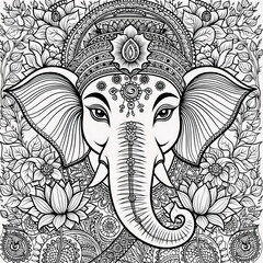 Close-up line art of Ganesha’s head decorated with flowers, leaves, and paisley elements, designed as a relaxing adult coloring book page with a cultural and spiritual vibe.