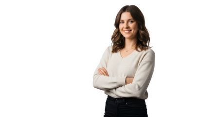 A woman in a white sweater stands with her arms crossed, displaying a confident posture