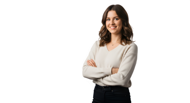A woman in a white sweater stands with her arms crossed, displaying a confident posture