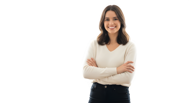 A woman in a white sweater stands with her arms crossed, conveying a strong and self-assured demeanor
