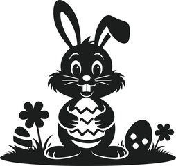 Black silhouette of a smiling Easter bunny holding a patterned egg surrounded by grass flowers and eggs