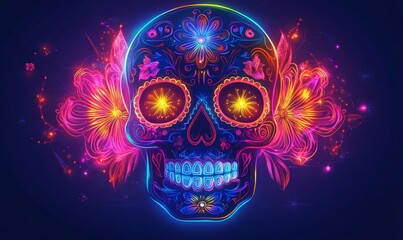 Colorful neon skull design for the Mexican Day of the Dead celebration, symbolizing life, death, and cultural remembrance. A bright, dynamic representation of Mexican tradition artistry, Generative AI