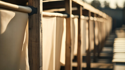 Endless curtains hang in uniform elegance from a rustic wooden frame, bathed in warm light. The perspective draws the eye into a vanishing point depth.