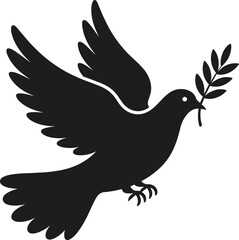 Black silhouette of a dove bird with olive branch in beak flying on white background