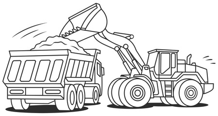 Excavator Loading Dump Truck Construction Vehicle Illustration.