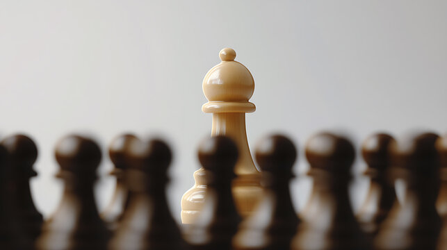 A lone white chess bishop stands tall and confident, amidst a blurry line of brown pawns, symbolizing strategy, competition, and a bold leadership stance on the minimalist game board.
