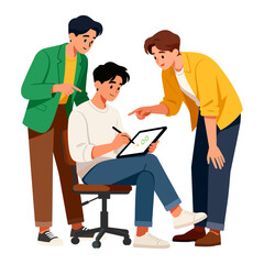 Fototapeta premium a designer sketching on a tablet while teammates share feedback, collaboration and creativity concept,
