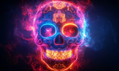 Colorful neon skull design for the Mexican Day of the Dead celebration, symbolizing life, death, and cultural remembrance. A bright, dynamic representation of Mexican tradition artistry, Generative AI