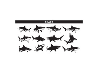 Illustration of collection of shark silhouettes, showcasing diverse species and poses in a captivating monochrome design