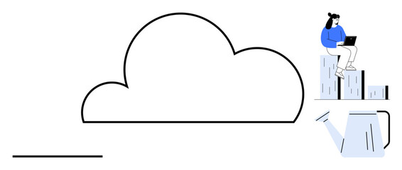 Woman sitting on bar graphs working on a laptop, large cloud in focus, watering can below. Ideal for technology, data, growth, cloud computing, creativity, innovation and teamwork as a simple flat
