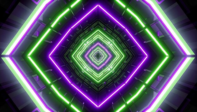 Neon square tunnel. Diamond shape corridor, repeating pattern, illuminated with green and purple lines. Dark background