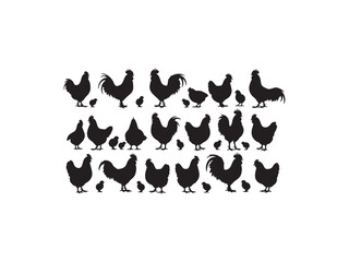 Illustration of silhouette of a flock of chickens, including hens, roosters, and chicks, in a simple and clean design