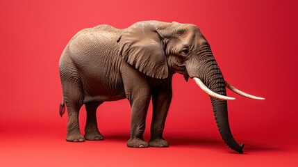 Fototapeta premium A large elephant stands on a vibrant red backdrop, its tusks gleaming. The pachyderm is posed in full profile