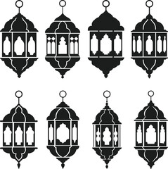 Ornate Lantern Silhouette Set &ndash; Decorative Hanging Lamp Vector for Festival and Interior Design