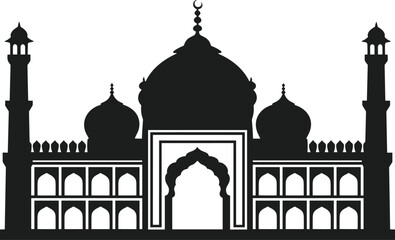 Black silhouette of a grand mosque with domes and minarets on a white background