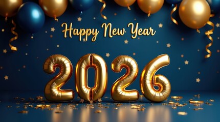 Fototapeta premium Golden 2026 balloons celebrate happy new year with blue and gold decorations