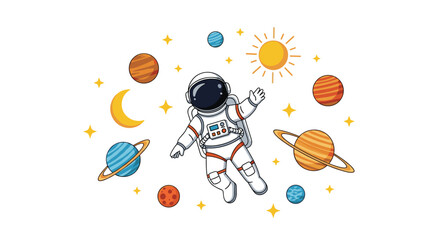 Obraz premium A cheerful cartoon astronaut floats among colorful planets, stars, the moon, and the sun in a vibrant illustration of the solar system.