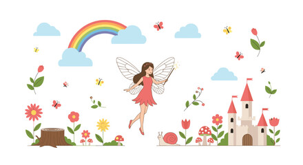 Obraz premium A whimsical outdoor fairytale scene with a flying fairy, a colorful rainbow, a fantasy castle, and cheerful flowers and butterflies.