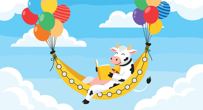 An adorable cartoon cow relaxes and reads a book in a banana hammock, whimsically floating through a bright blue sky with colorful balloons.