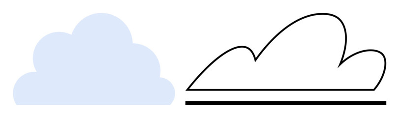 Two cloud designs include solid light blue and clean black outline version with a base line. Ideal for weather, data storage, simplicity, environment, duality, creative design, simple flat metaphor