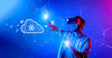 A user engages in virtual reality, exploring innovative cloud computing solutions. This image highlights the intersection of technology and business in a digital landscape. XDMCP