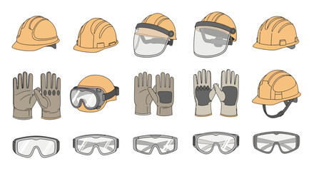 Collection of safety helmets, gloves, and goggles icons displayed on a white background in a vector format.