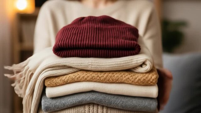 A stack of cozy, folded knitwear and a beanie in warm tones