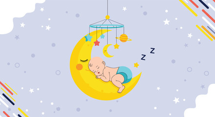 Fototapeta premium Sweet baby boy asleep on a whimsical moon, surrounded by stars, with a colorful crib mobile overhead.