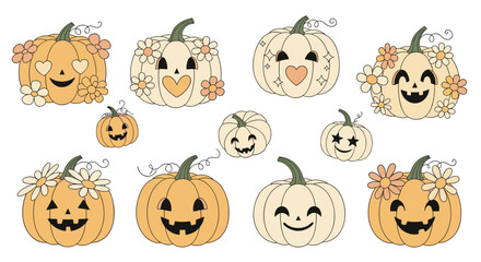 Cute cartoon pumpkins with happy, spooky, and heart faces, decorated with flowers and vines, perfect for autumn and Halloween designs.