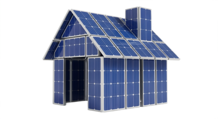 House model made entirely of solar panels isolated on transparent background