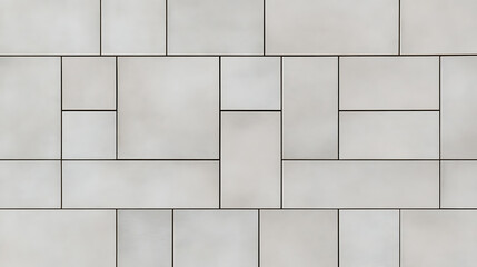 Modern architectural facade of light grey rectangular and square panels with dark grout lines. Asymmetrical modular geometric pattern with a clean, contemporary aesthetic.