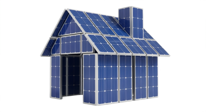 House model made entirely of solar panels isolated on transparent background - Powered by Adobe
