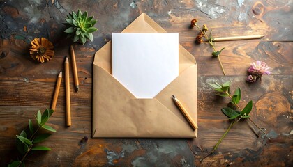 Composition featuring an open envelope, card, greenery, and writing implements