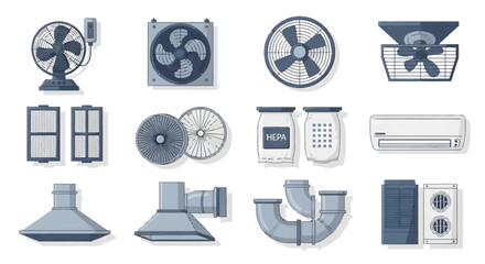 Vector icons of various ventilation systems and air conditioning units on a white background