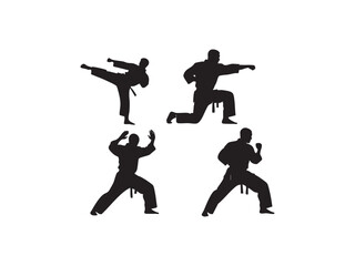 Illustration of four karate fighters in different poses martial art, combat sport, selfdefense, and fitness concept
