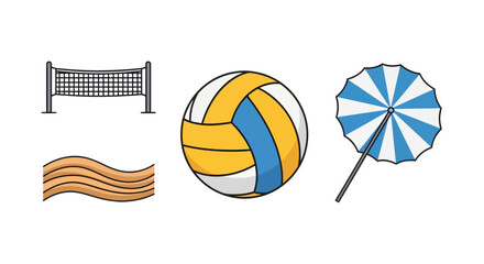 Beach volleyball set with net, ball, sand wave, and umbrella on white background