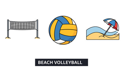 Beach Volleyball Scene with Volleyball, Net, and Beach Umbrella on Sandy Shore