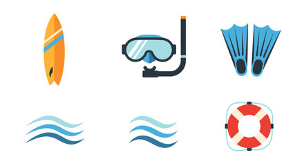 Beach Adventure Icon Set Featuring Surfboard, Snorkeling Gear, and Safety Equipment on White Background