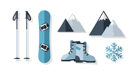 Skiing equipment and winter mountain landscape icons on white background