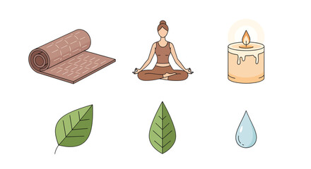 Yoga and wellness icons displayed on a white background with a yoga mat, lotus pose, candle, leaves, and water droplet
