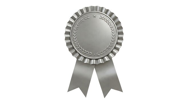 A detailed 3D rendering of a shiny silver award ribbon medal isolated on a clean white background, symbolizing second place, achievement, and excellence