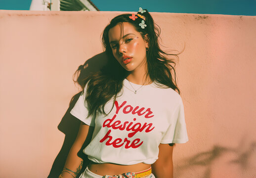T-shirt Mockup PSD: Female Model, Editable Design, Realistic Scene