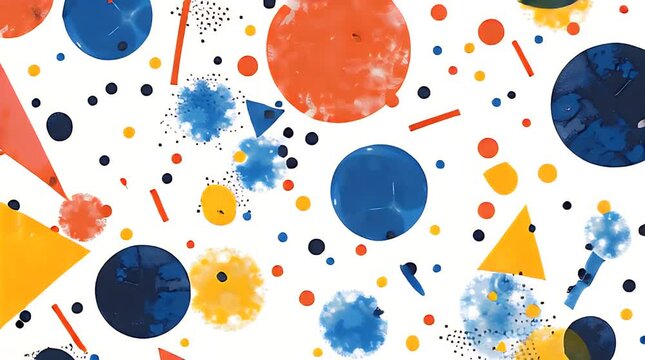 A vibrant abstract geometric pattern with bold colorful shapes, circles, triangles, and lines on a clean white background inspired by 90s design.
