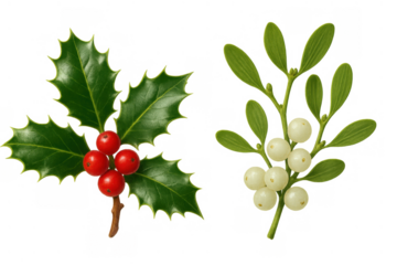 Holly and mistletoe sprigs with red and white berries for christmas and holiday decoration, transparent background